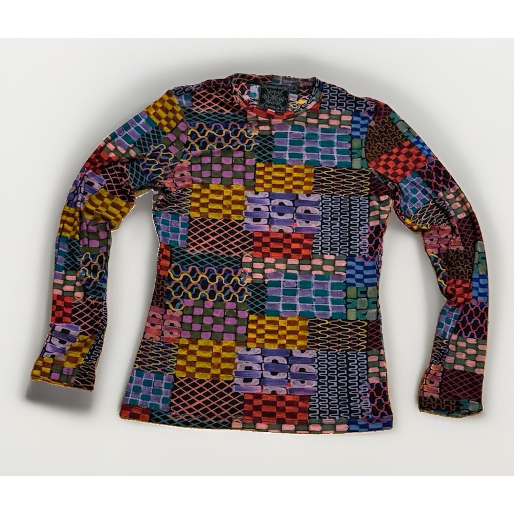 Johnny Was Isadora Waves Mesh Tee Patchwork Long Sleeve Top Size M